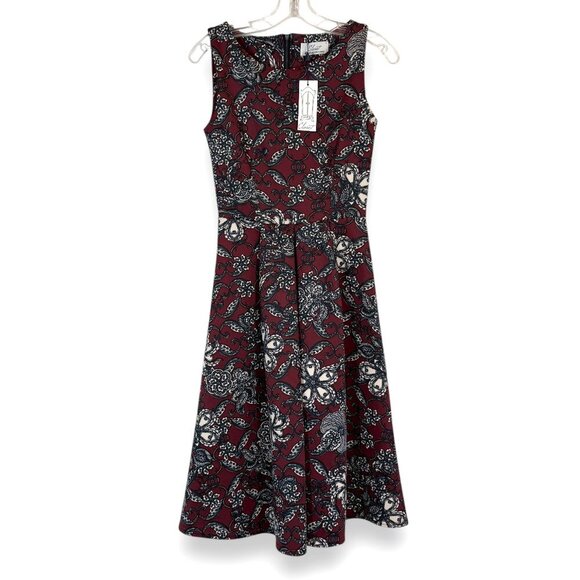 Closet London Fit & Flare Dress Burgundy Black & White Floral Sleeveless Size 4 - Picture 2 of 10